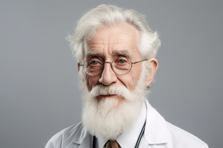 smiling senior doctor in eyeglasses looking at camera isolated on grayの素材