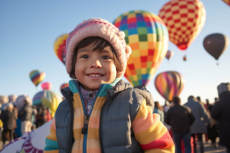 Cute little girl on a hot air balloon festival in Almaty, Kazakhstanの素材