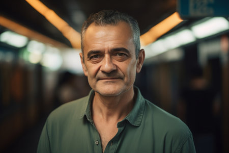 Portrait of mature man in train station, looking at camera.の素材