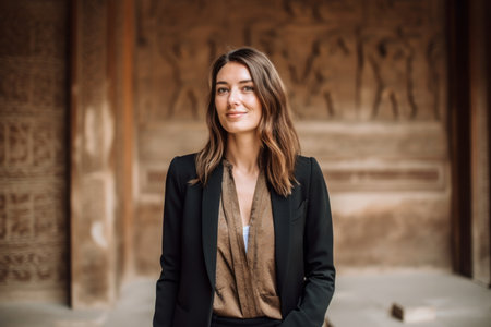 Portrait of a beautiful young woman with long wavy hair, dressed in a black jacket, standing in an ancient temple.の素材