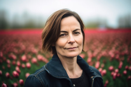 Portrait of a beautiful middle-aged woman in tulip fieldの素材