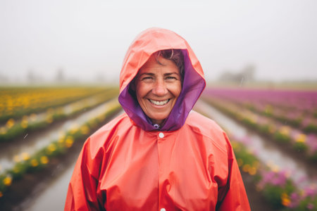 Portrait of a smiling woman wearing raincoat standing in a flower fieldの素材