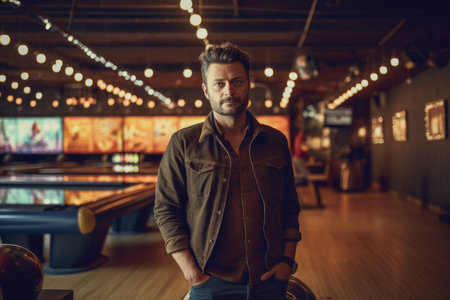 Portrait of a handsome man in casual clothes standing in bowling club.の素材