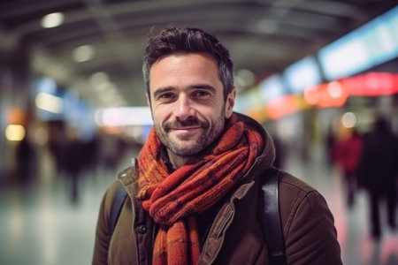 Portrait of a handsome young man wearing scarf and coat at the airportの素材
