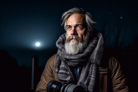 Portrait of a senior man with a gray beard and mustache on a background of the starry sky. A man with a camera in his hands.の素材