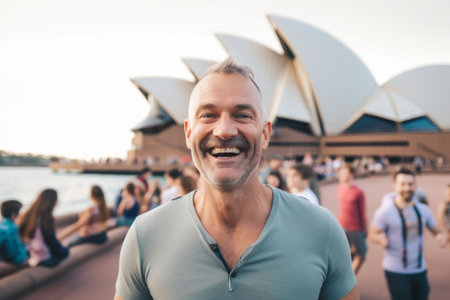 Portrait of smiling mature man standing in front of Sydney Opera Houseの素材