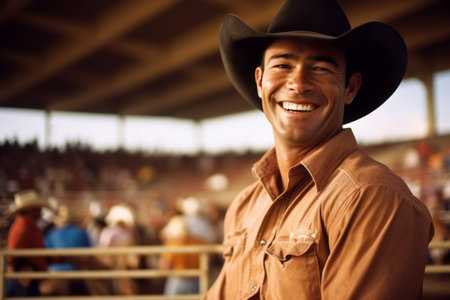 Portrait of a cowboy smiling at the camera while standing in a rodeoの素材