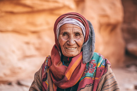Old woman in traditional clothes on the street of Petra, Jordan.の素材