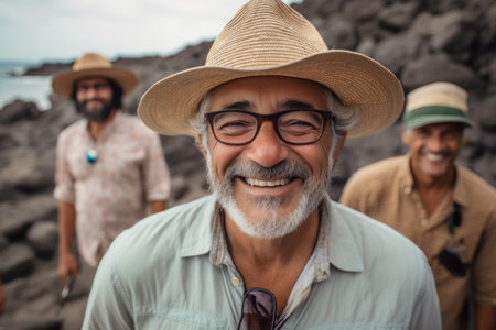 Portrait of happy senior man wearing hat and glasses with friends at beachの素材