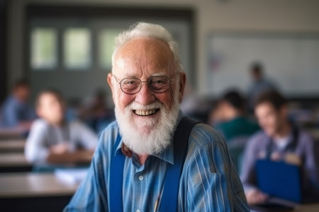 Portrait of a senior male teacher smiling at camera while standing in classroomの素材