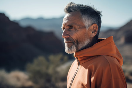 Portrait of a senior man looking away while standing in the mountainsの素材