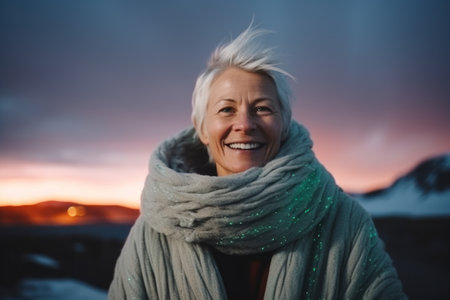 Portrait of a beautiful senior woman with blond hair in a warm scarf on the background of the sunset.の素材