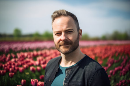 Portrait of a handsome man standing in a field of tulipsの素材
