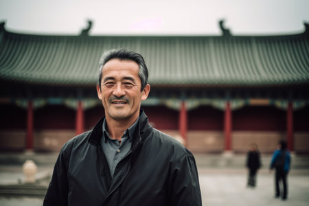 Handsome asian man in front of the temple in Seoul, South Koreaの素材