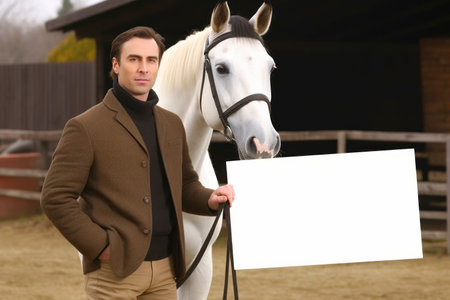 Handsome young man with white blank board and white horse on backgroundの素材