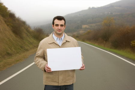 Portrait of a man holding a blank sheet of paper on the roadの素材