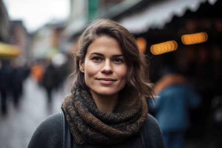 Portrait of a beautiful young woman with long brown hair in a knitted scarf on a city streetの素材