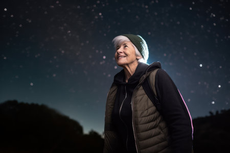 Portrait of senior woman in winter clothes against starry night skyの素材