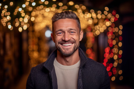 Portrait of a handsome young man smiling on a Christmas market.の素材