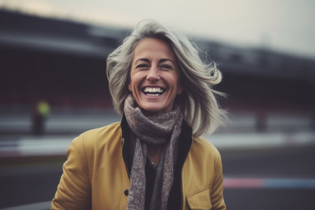 Portrait of happy senior woman in yellow coat and scarf outdoors.の素材