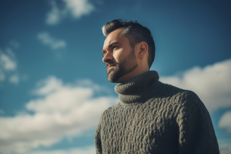 Handsome bearded man in gray sweater on blue sky background.の素材