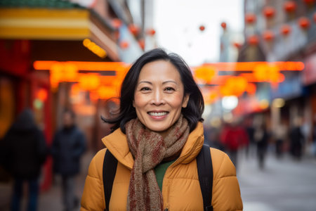 Portrait of a smiling asian woman walking in a shopping streetの素材