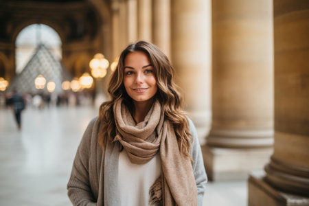 Portrait of a beautiful young woman in a coat and scarf in the cityの素材