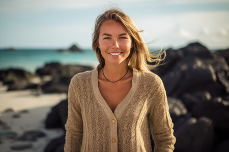 Portrait of a smiling young woman standing on the beach at sunsetの素材