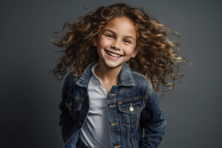 Portrait of a smiling little girl with long curly hair isolated on gray backgroundの素材