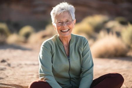 Portrait of smiling senior woman sitting on ground in park on a sunny dayの素材