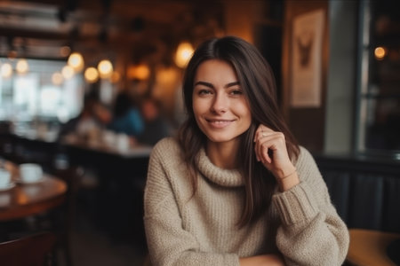 Portrait of a beautiful young woman sitting in a cafe and smilingの素材