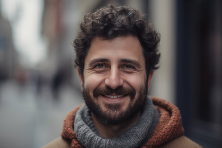 Portrait of handsome man with curly hair smiling at camera in the cityの素材