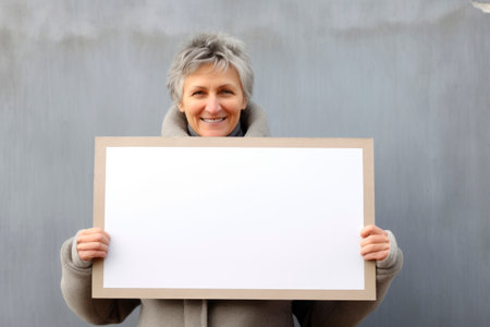 Mature woman holding a blank white board with copy space for your textの素材