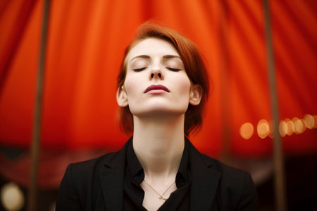 Portrait of a beautiful young woman with closed eyes on a red backgroundの素材