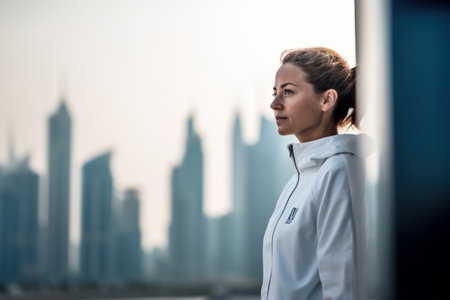 Young woman in sportswear on the background of the skyscrapersの素材