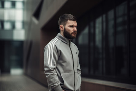 Portrait of a handsome young man in a gray coat in the cityの素材