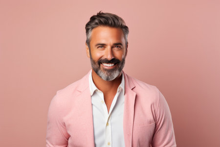 Portrait of a handsome mature man in a pink jacket on a pink backgroundの素材