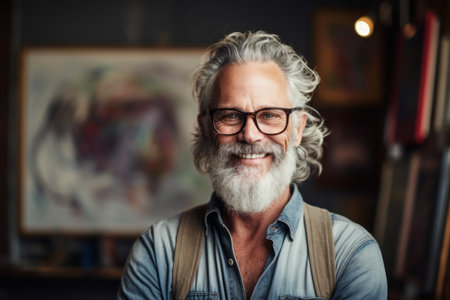 Portrait of smiling senior man wearing eyeglasses in art studioの素材
