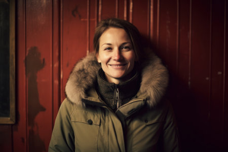 Portrait of a beautiful young woman in a jacket on a wooden backgroundの素材