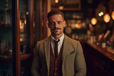 Portrait of a handsome man in a pub. Men's beauty, fashion.の素材
