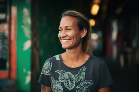 Portrait of a smiling young woman standing in the city street.の素材