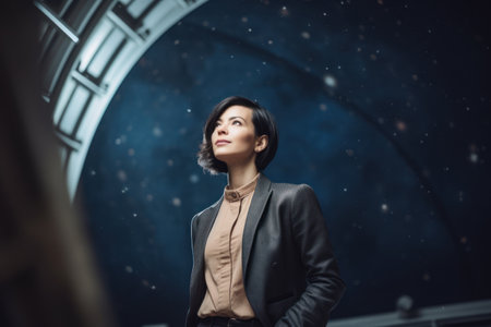 Portrait of a beautiful business woman in a suit on a dark backgroundの素材
