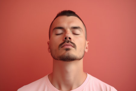 Portrait of a handsome young man with closed eyes on a red backgroundの素材