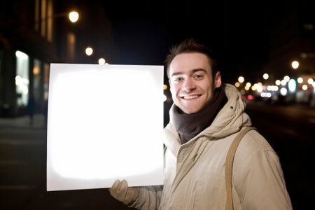 Young man holding a placard in the city at night with lightsの素材