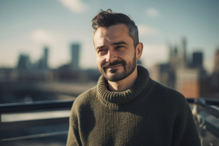 Handsome bearded man in a green sweater on the roof of a skyscraperの素材