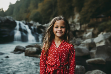 Little girl in red dress on background of waterfall in forest. Portrait of a child in nature.の素材