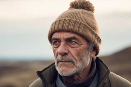 Portrait of senior man with gray beard wearing warm hat and looking away while standing outdoorsの素材