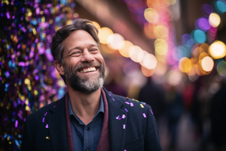Portrait of a handsome man smiling in the city at Christmas timeの素材