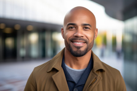 Portrait of a handsome young black man in a coat smiling at the cameraの素材