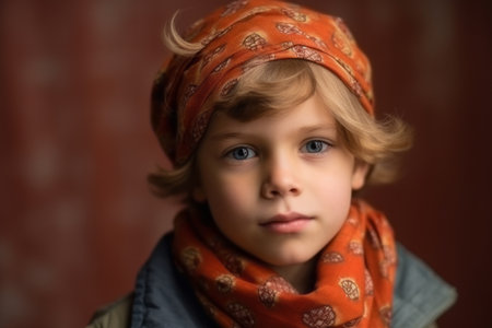 Portrait of a little boy in a red headscarf.の素材